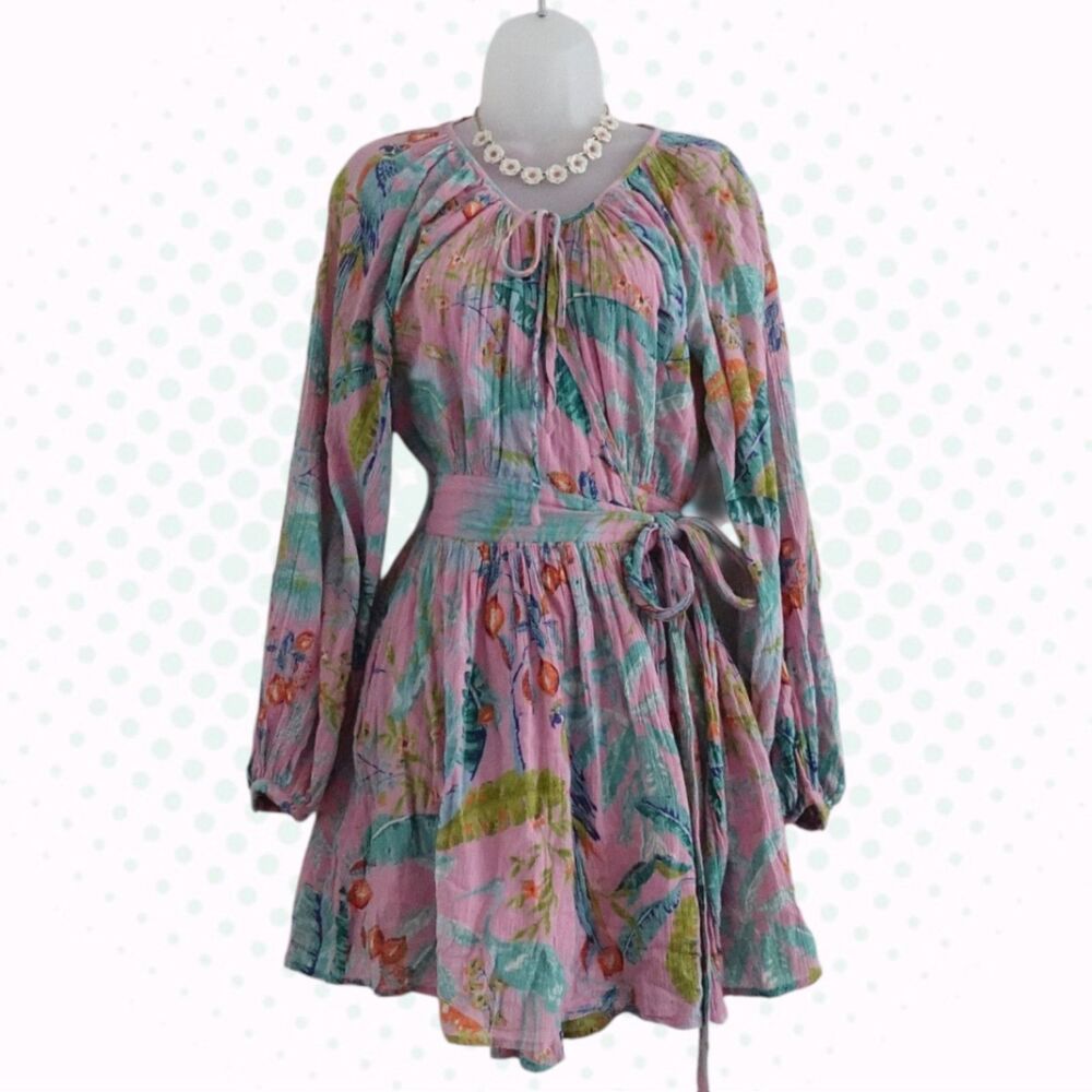 Banjanan Pink 100% Cotton Tropical Print Long Sleeved Mini Wrap Dress Size XS
